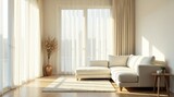 Serene Sunlight Illuminates a Modern Living Room with a Plush Sectional Sofa and Sheer Curtains