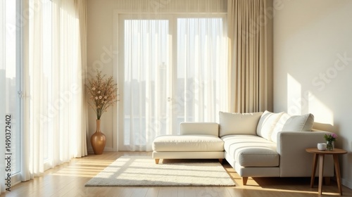 Wallpaper Mural Serene Sunlight Illuminates a Modern Living Room with a Plush Sectional Sofa and Sheer Curtains Torontodigital.ca