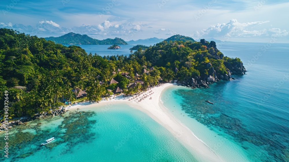 A breathtaking tropical island with white sandy beaches and swaying palm trees A breathtaking tropical island with white sandy beaches and swaying palm trees
