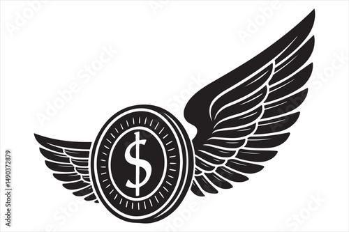 One line icon of a coin with wing symbolizing.