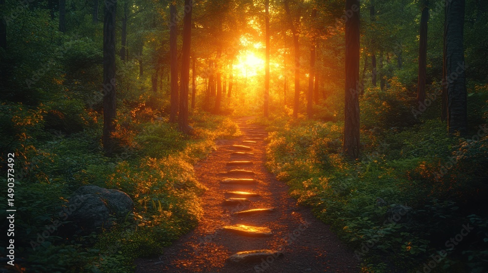 Fototapeta premium Sunlit Forest Path: A Journey into Golden Light