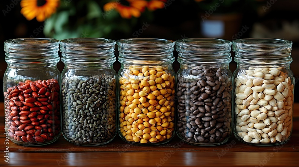 Colorful beans in glass jars. Colorful beans in glass jars.