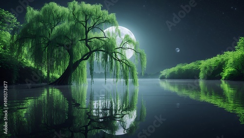Willow tree in water under moonlight at night