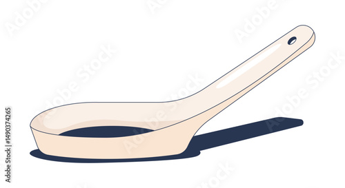 Empty white ceramic soup spoon 2D cartoon object. Asian utensil kitchen tool. Cooking equipment. Oriental tablespoon kitchenware isolated element flat vector clip art on white. Spot illustration