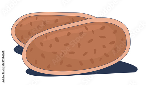 Whole grain bread slices 2D cartoon object. Wheat crust, rustic sliced loaf. Fresh baking food. Artisan nutrition. Bakery product isolated element flat vector clip art on white. Spot illustration