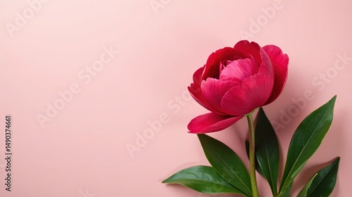 A single vibrant crimson peony blossom with lush green foliage against a soft pink background, a delicate and elegant floral arrangement, perfect for spring or summer designs.
