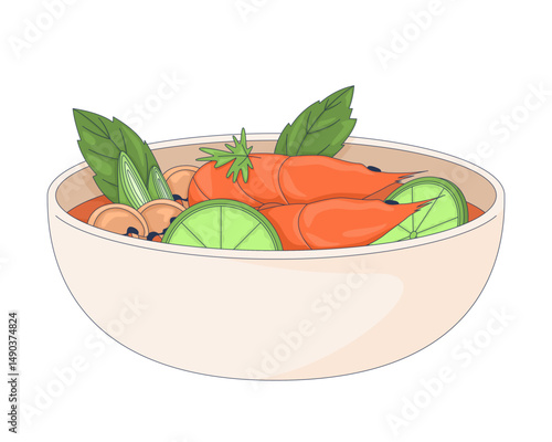 Shrimp soup bowl with lime and herbs 2D cartoon object. Savory seafood spicy broth with whole prawns, vegetables, mushrooms. Tom yum isolated element flat vector clip art on white. Spot illustration