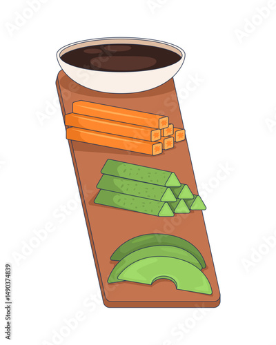 Vegetable platter with dip on wooden board 2D cartoon object. Carrot sticks, avocado wedges, cucumber slices, dipping soy sauce isolated element flat vector clip art on white. Spot illustration
