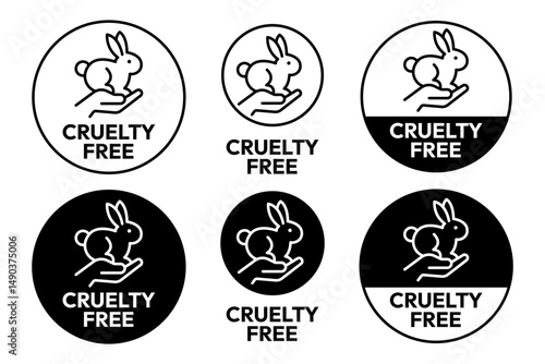 Cruelty Free icon set, label, logo, badge, symbol, line, flat vector, isolated illustration. Cruelty free not tested on animals label product packaging design. Natural, organic, Vegan eco cosmetic.