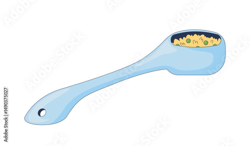 Spoon filled with cooked rice and peas 2D cartoon object. Ceramic ladle with meal portion. Dining tool. Kitchen scoop. Tablespoon isolated element flat vector clip art on white. Spot illustration