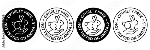Cruelty Free icon set, label, logo, badge, symbol, line, flat vector, isolated illustration. Cruelty free not tested on animals label product packaging design. Natural, organic, Vegan eco cosmetic.