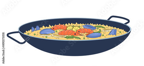 Traditional paella with seafood and peas 2D cartoon object. Saffron rice with shrimp, mussels, squid rings in pot. Spanish dish isolated element flat vector clip art on white. Spot illustration