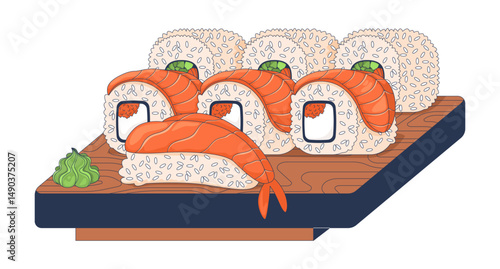 Mixed sushi platter on wooden tray 2D cartoon object. Shrimp nigiri, sushi rolls with salmon slices and roe, served with wasabi isolated element flat vector clip art on white. Spot illustration