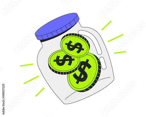 Savings 2D onboarding ui illustration. Jar with dollar coins. Investing saving money. Financial fund. Donations. Cash accumulation cartoon concept isolated on white. Flat abstract vector metaphor