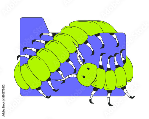 Centipede crawling over file folder 2D onboarding ui illustration. Computer virus. Data breach. Whimsical insect digital infestation cartoon concept isolated on white. Flat abstract vector metaphor