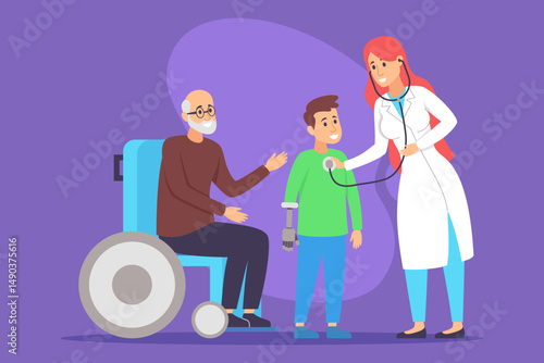 Doctor in white coat checking young boy with prosthetic arm while elderly man sitting beside in wheelchair. Supportive medical atmosphere concept
