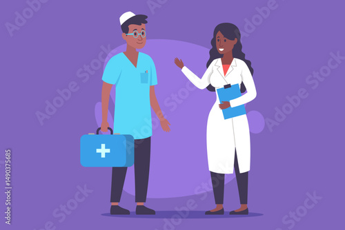 Medical staff engaged in conversation about patient care, with man wearing scrubs and carrying medical bag while woman holding clipboard, providing collaborative atmosphere