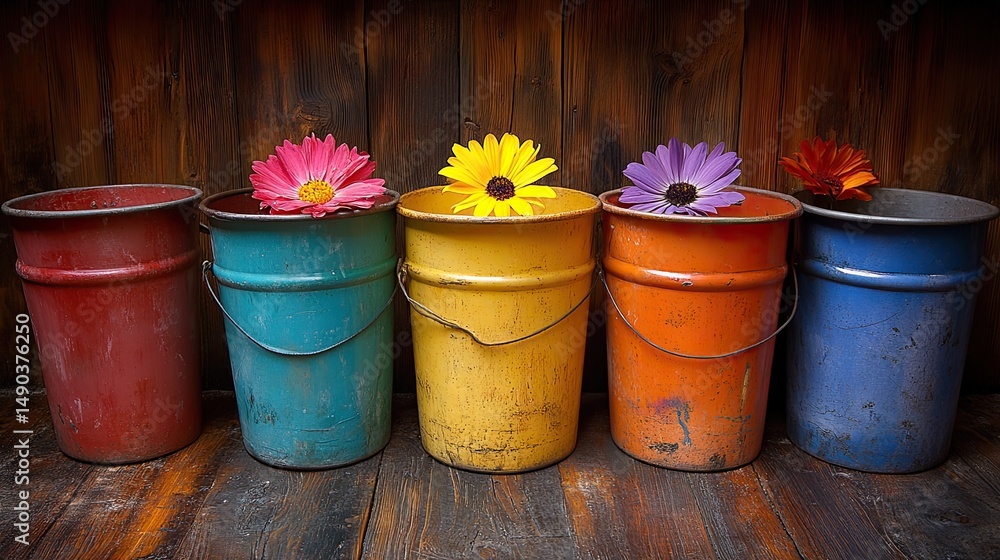 Naklejka premium Colorful buckets with flowers, and wood background.