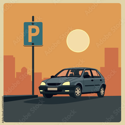 Car parked near a parking sign at sunset in a city background  