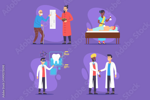 Collection of various healthcare activities, featuring doctor examining patient, nurse administering treatment, and professionals collaborating in clinic setting