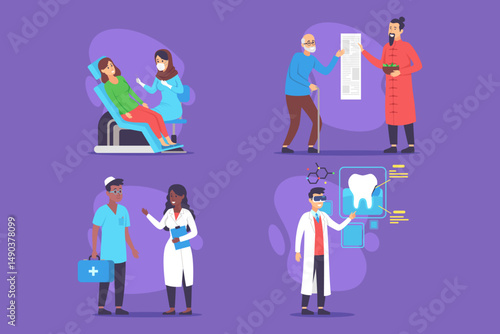 Different healthcare settings with professionals interacting with patients. Dentist examining patient, doctors consulting and providing assistance in medical scenarios