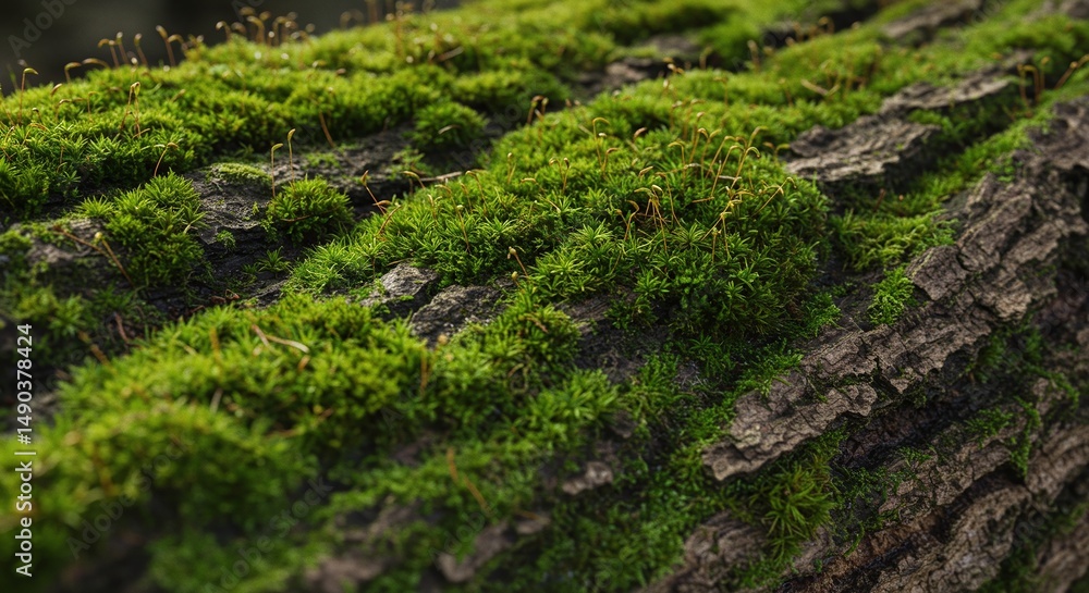 Close-Up of Lush Green Moss Growing on Tree Bark Texture Close-Up of Lush Green Moss Growing on Tree Bark Texture