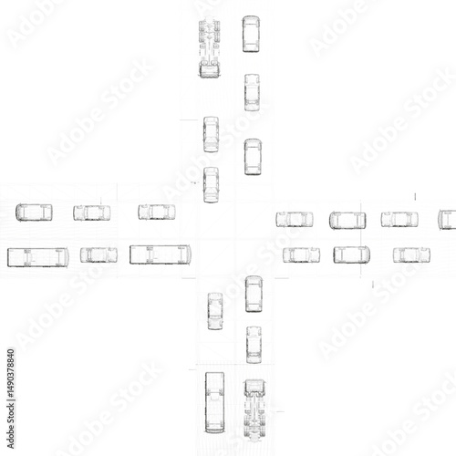 Top-down wireframe view of a city crossroads, showing linear traffic flow with buses, trucks, and cars arranged in organized lanes, emphasizing symmetry and urban motion patterns.
