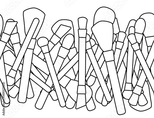Makeup brushes Seamless horizontal border. Vector graphic line illustration. Black and white cute cosmetic makeup art. illustration for package, vacation design, fabric and textile.