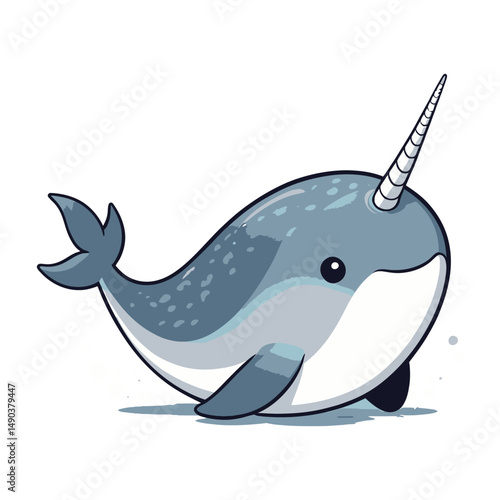 A cute blue cartoon narwhal and funny marine mammal illustrations in the ocean