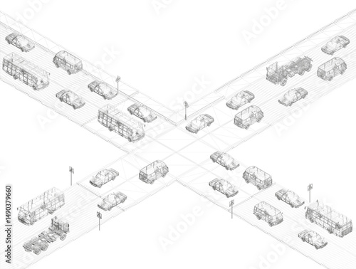 A wireframe 3D rendering of a busy city intersection filled with various vehicles, showcasing structural linework and geometric traffic flow in a technical visualization style.