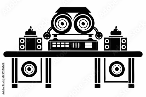dj table silhouette line art vector illustration with a white background