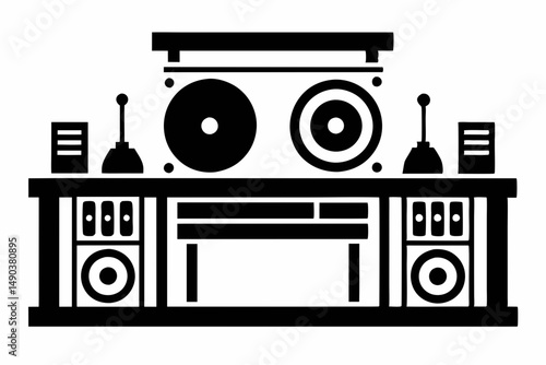 dj table silhouette line art vector illustration with a white background