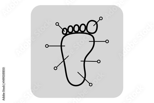 Simple line illustration of foot with reflexology points connected by lines. Concept of alternative medicine practices aimed at wellness and healing