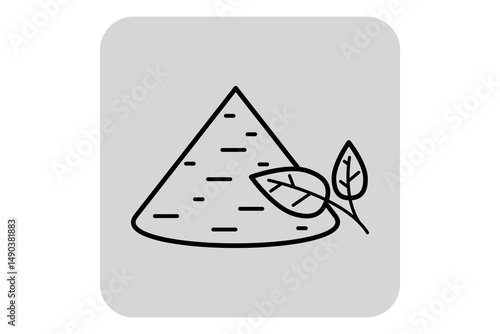 Simple line icon of alternative medicine, showcasing conical pile of herbs with two leaves beside it. Natural healing practices concept