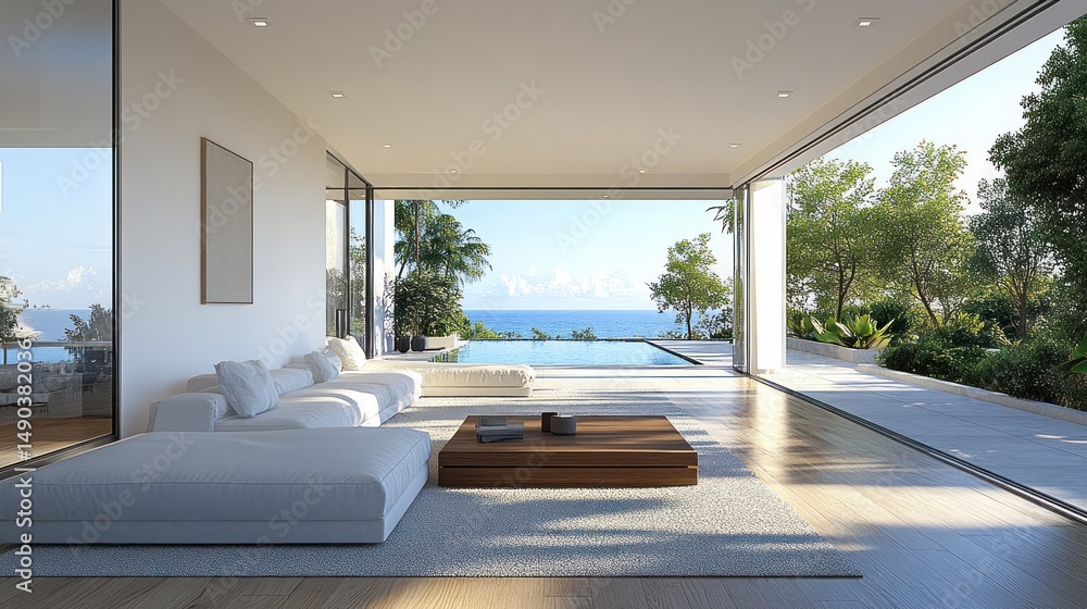 Fototapeta premium Luxury Villa with Ocean View: Modern Minimalist Design