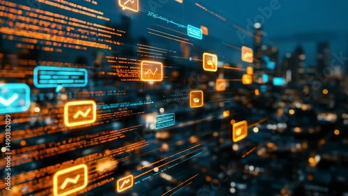 Digital data visualizations and analytics icons are floating over a blurred cityscape at night, symbolizing advanced technology and connectivity.