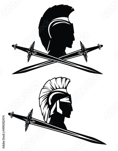 spartan warrior wearing helmet and two crossed swords - ancient roman soldier head black and white vector design set