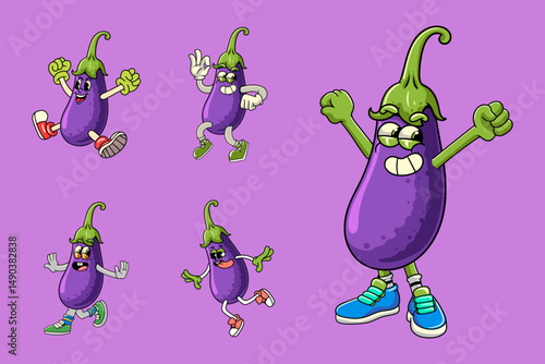 Set of funny eggplant vegetable 70s retro comic cartoon characters