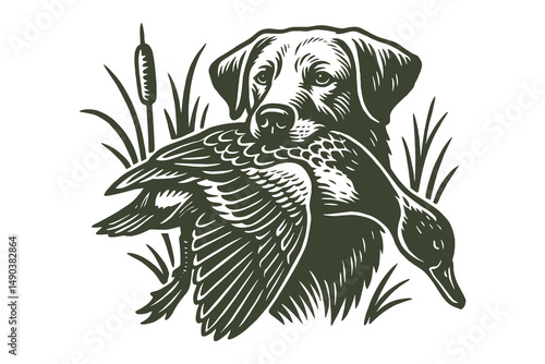Hunting dog holding duck engraving style vector illustration
