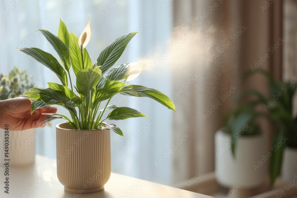 A serene indoor scene featuring a person misting a green plant, capturing the essence of plant care, tranquility, and sunlight filtering through window curtains A serene indoor scene featuring a person misting a green plant, capturing the essence of plant care, tranquility, and sunlight filtering through window curtains