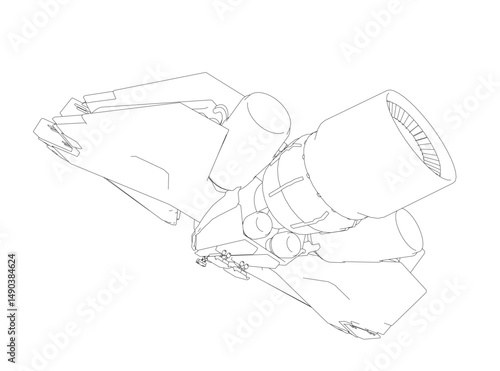 Futuristic spacecraft concept in technical line art style, showing angular wings and a central engine in a dynamic, rear-bottom perspective.