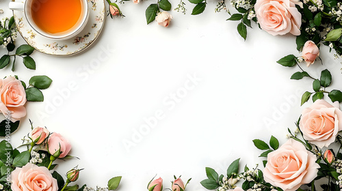 Elegant tea cup with floral arrangement on a white surface