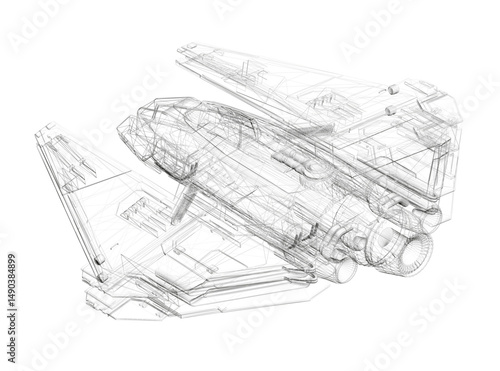 A complex wireframe rendering of a futuristic spacecraft reveals detailed internal and external structures, showcasing its mechanical intricacy and aerodynamic design.