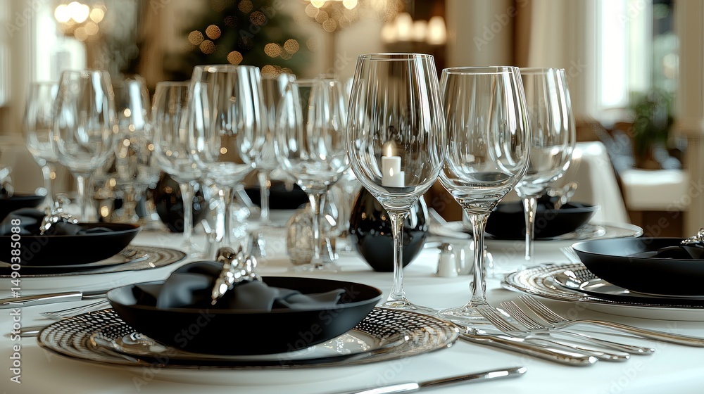 Elegant Black and White Dinner Table Setting with Candles Elegant Black and White Dinner Table Setting with Candles