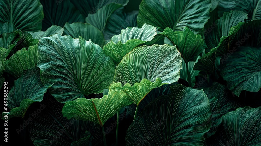 Fototapeta premium Lush Tropical Rainforest Green Leaves Close Up Nature Texture Background