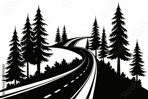 highway in the wood silhouette line art vector illustration with a white background