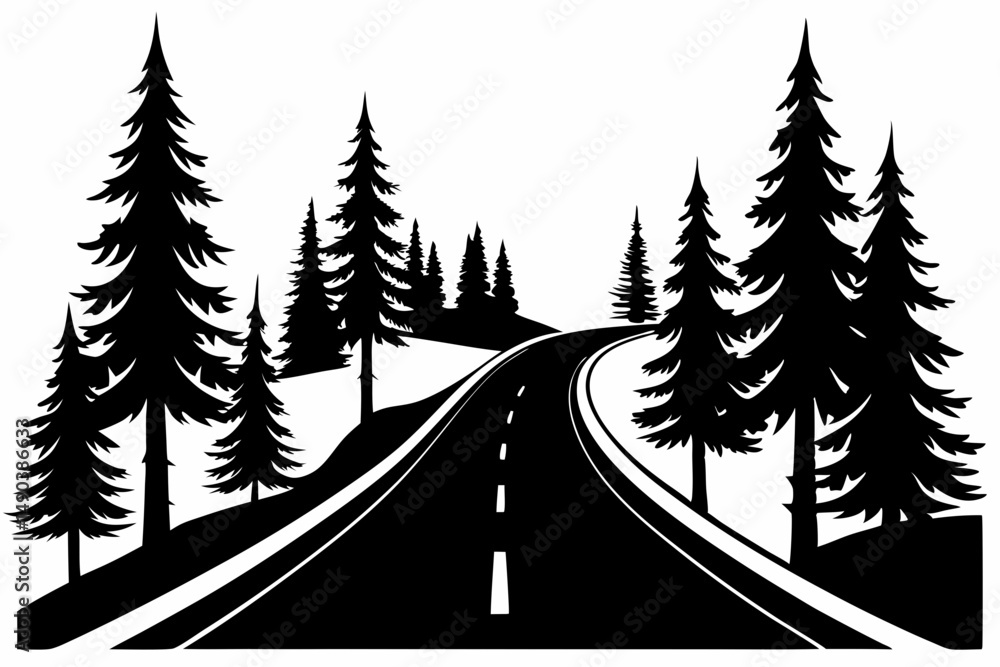 Obraz premium highway in the wood silhouette line art vector illustration with a white background