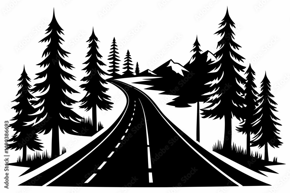 Obraz premium highway in the wood silhouette line art vector illustration with a white background