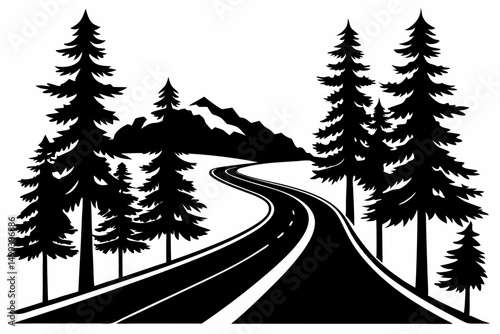 highway in the wood silhouette line art vector illustration with a white background