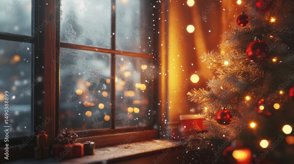 Festive Holiday Scene with Snowy Window and Decorated Christmas Tree Festive Holiday Scene with Snowy Window and Decorated Christmas Tree